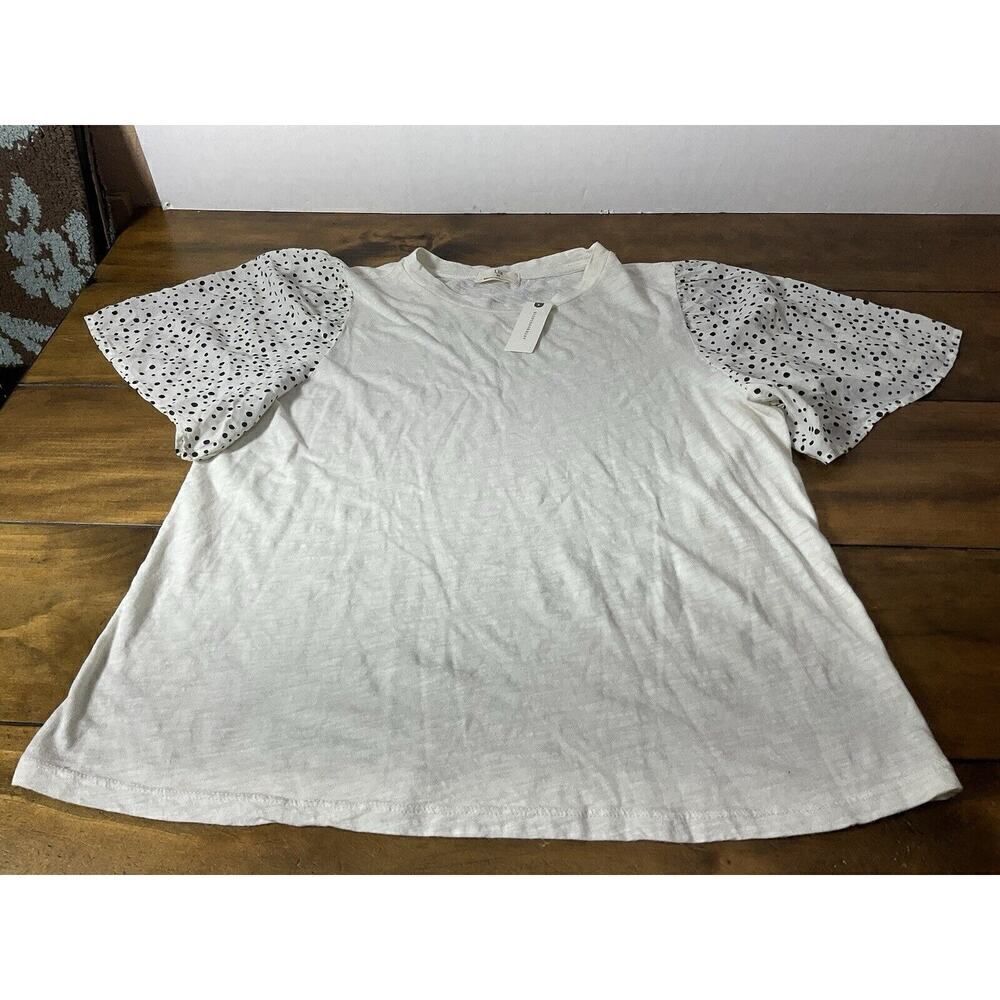 Anthropologie T.La Flutter Sleeve Knit Top White Woven Polka Dot Sleeves XL NWT